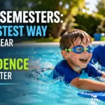 Child learning to swim with instructor during a swim semester lesson, building confidence in a backyard pool